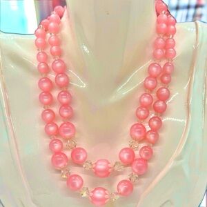 Vintage 2 Strand Blush Pink Lucite Bead & Crystal Necklace